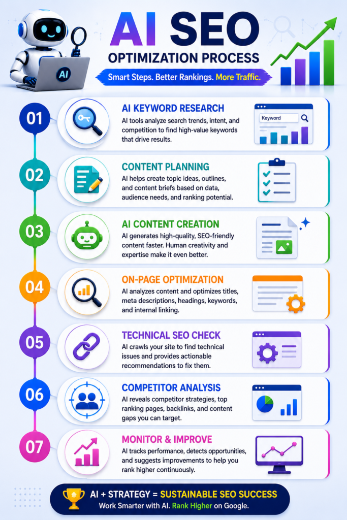 3. Optimize Existing Content Many websites have hidden ranking opportunities in older content. AI tools can analyze: • Keyword density • Content gaps • Readability • Internal linking • Search intent alignment Updating old content often produces faster results than publishing new content. ________________________________________ 4. Improve Technical SEO Technical SEO impacts how search engines crawl and index your website. AI tools can detect: • Broken links • Duplicate content • Slow-loading pages • Missing metadata • Crawl errors Fixing these issues can improve rankings and user experience. ________________________________________ 5. Analyze Competitors with AI Want to know why competitors outrank you? AI-powered SEO tools can reveal: • Their top keywords • Backlink sources • Content strategies • Ranking pages • Traffic estimates This helps you identify opportunities and outperform competitors. ________________________________________ 6. Generate Better Meta Tags Meta titles and descriptions influence click-through rates. AI can create: Example Meta Title How to Use AI SEO: 10 Proven Strategies for Better Rankings Example Meta Description Learn how to use AI SEO tools to boost rankings, increase organic traffic, optimize content, and stay ahead of competitors in 2026.Neha P Verma